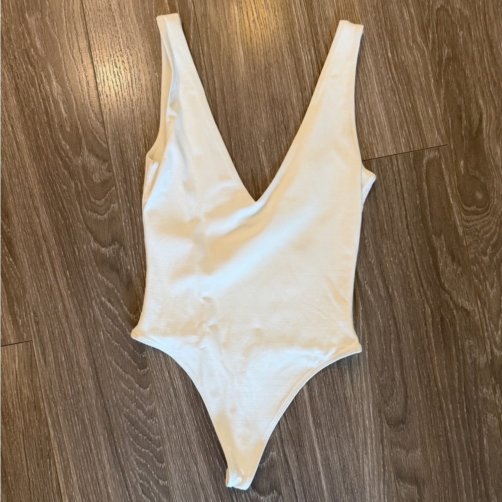 Babaton White One-Piece V-Neck Bodysuit